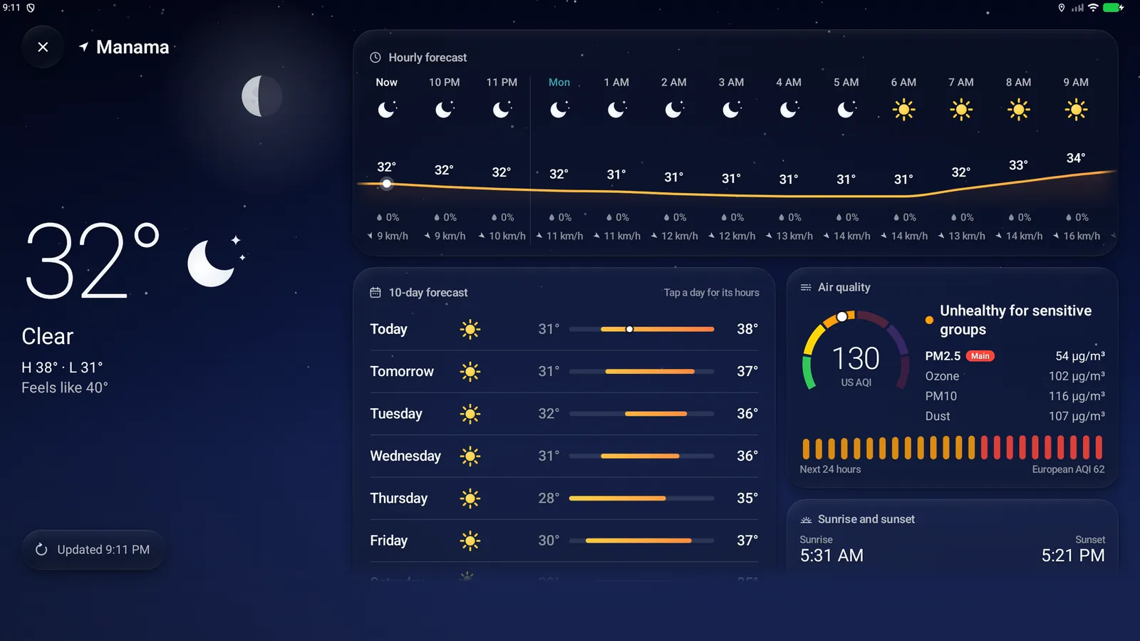 Full-screen forecast for Manama: 32° and clear, an hourly forecast with a temperature curve, a ten-day forecast and an air-quality gauge at 130 US AQI.